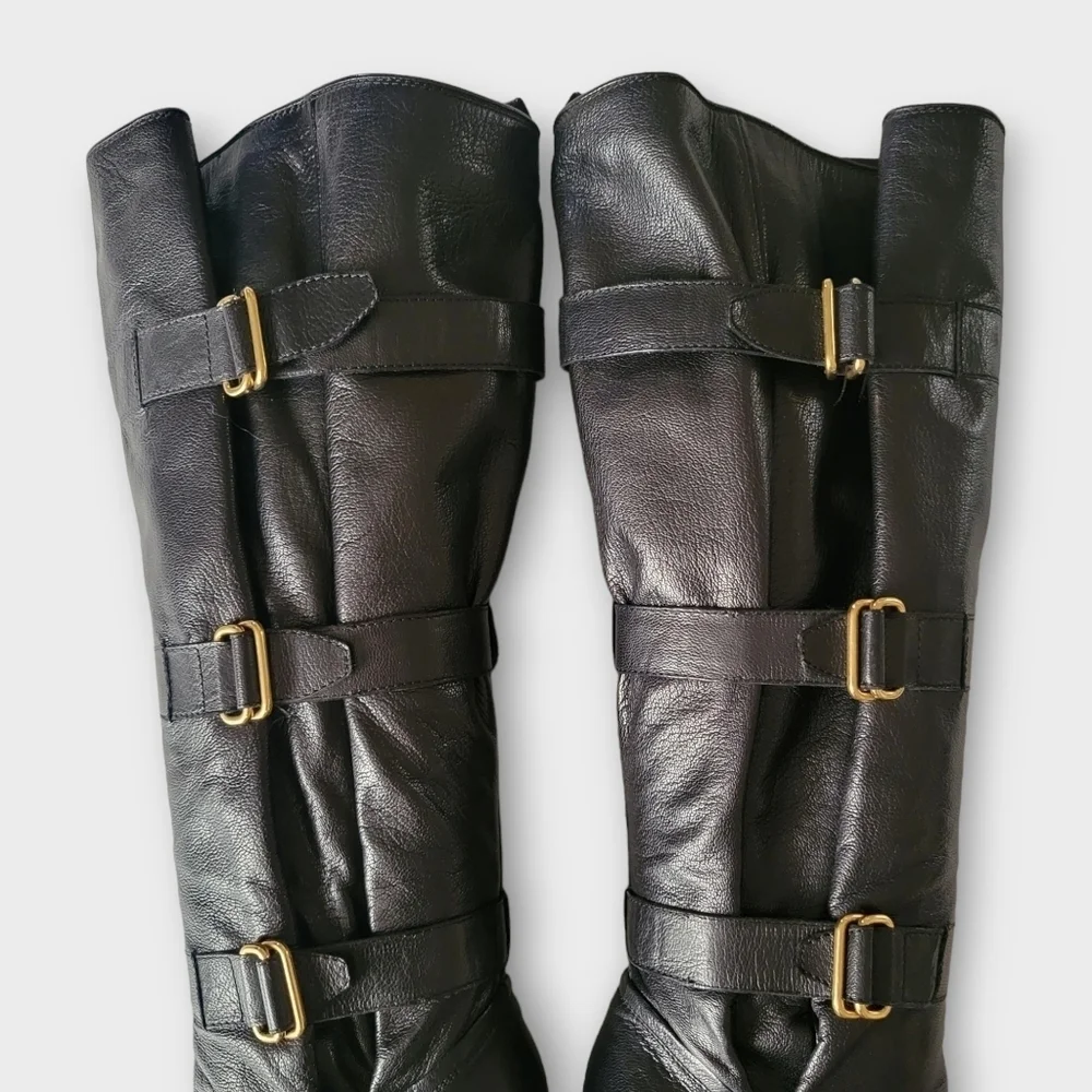YSL Yves Saint Laurent Tall Black Leather Wedge Boots Vintage 90s Y2K